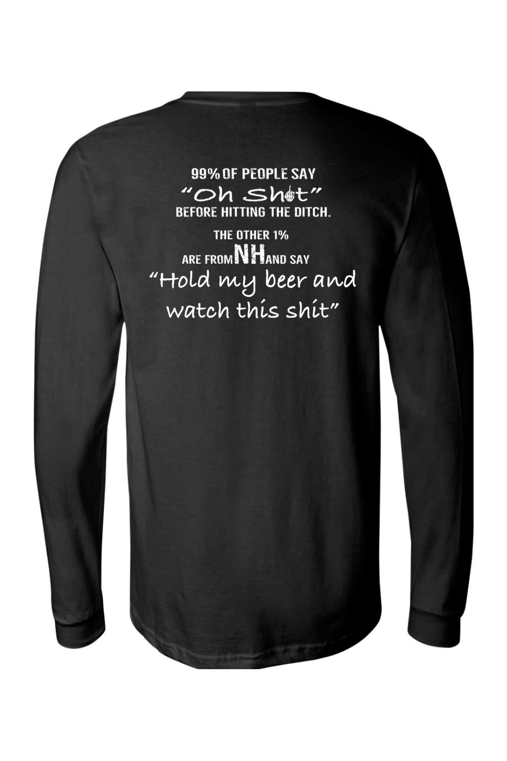 Black long-sleeve cotton jersey shirt featuring white text about New Hampshire and holding a beer on the back.