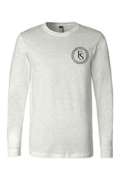Light grey long sleeve jersey shirt with a circular black Full Send logo on the left chest.