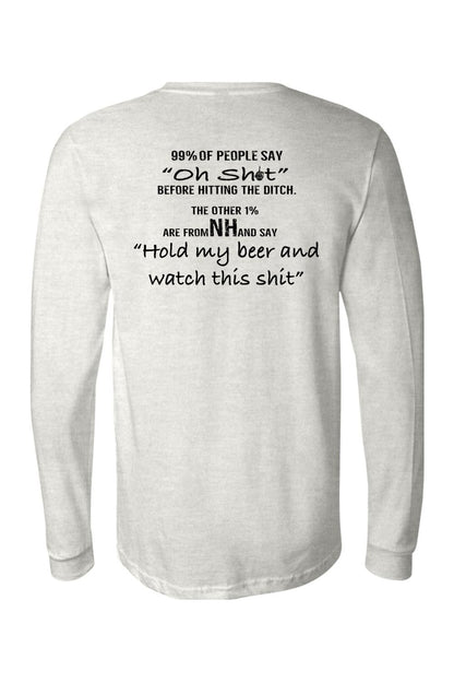 Light grey long-sleeve jersey shirt featuring black text about New Hampshire and holding a beer on the back.