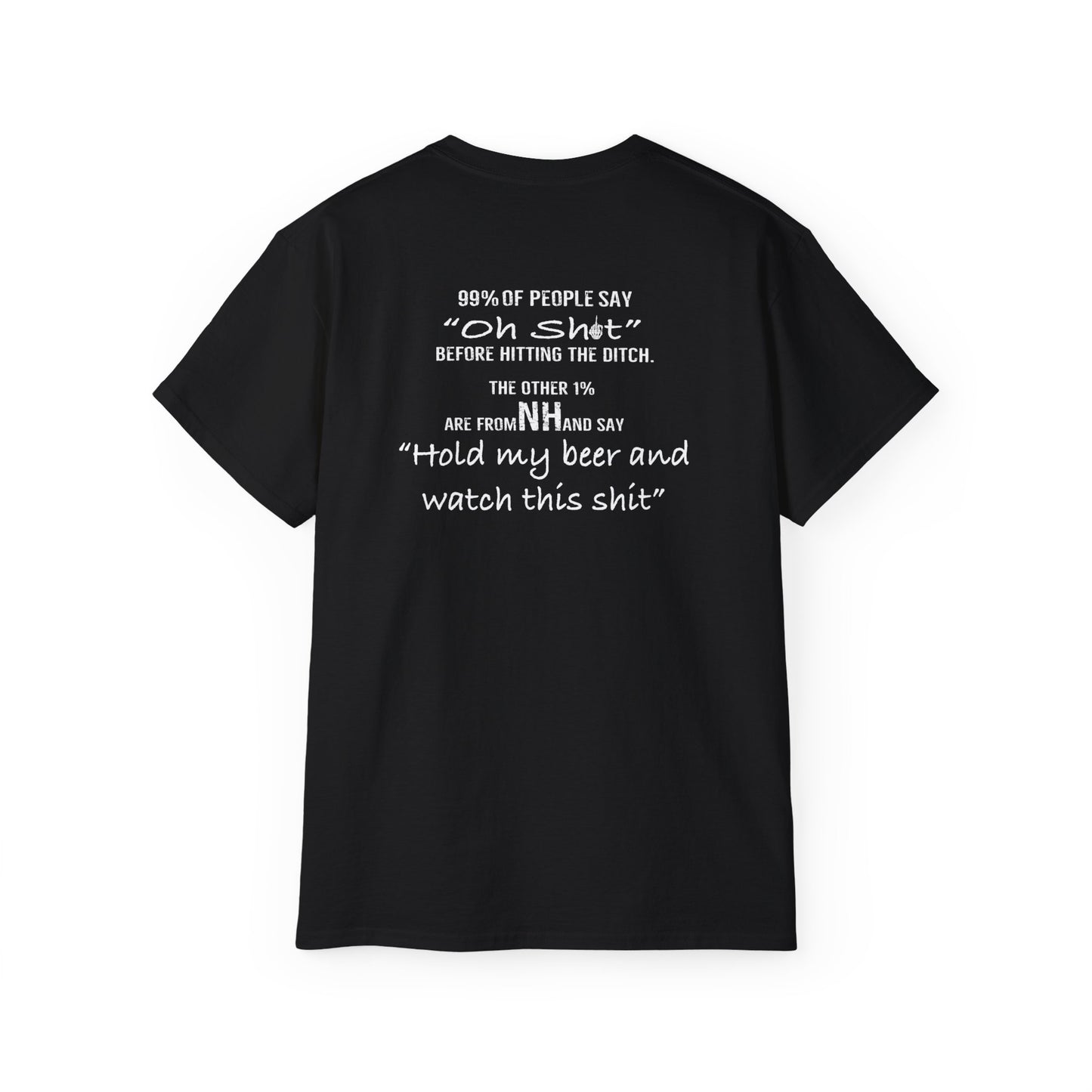 Black unisex cotton t-shirt featuring white text on the back that reads Hold my beer and watch this shit.