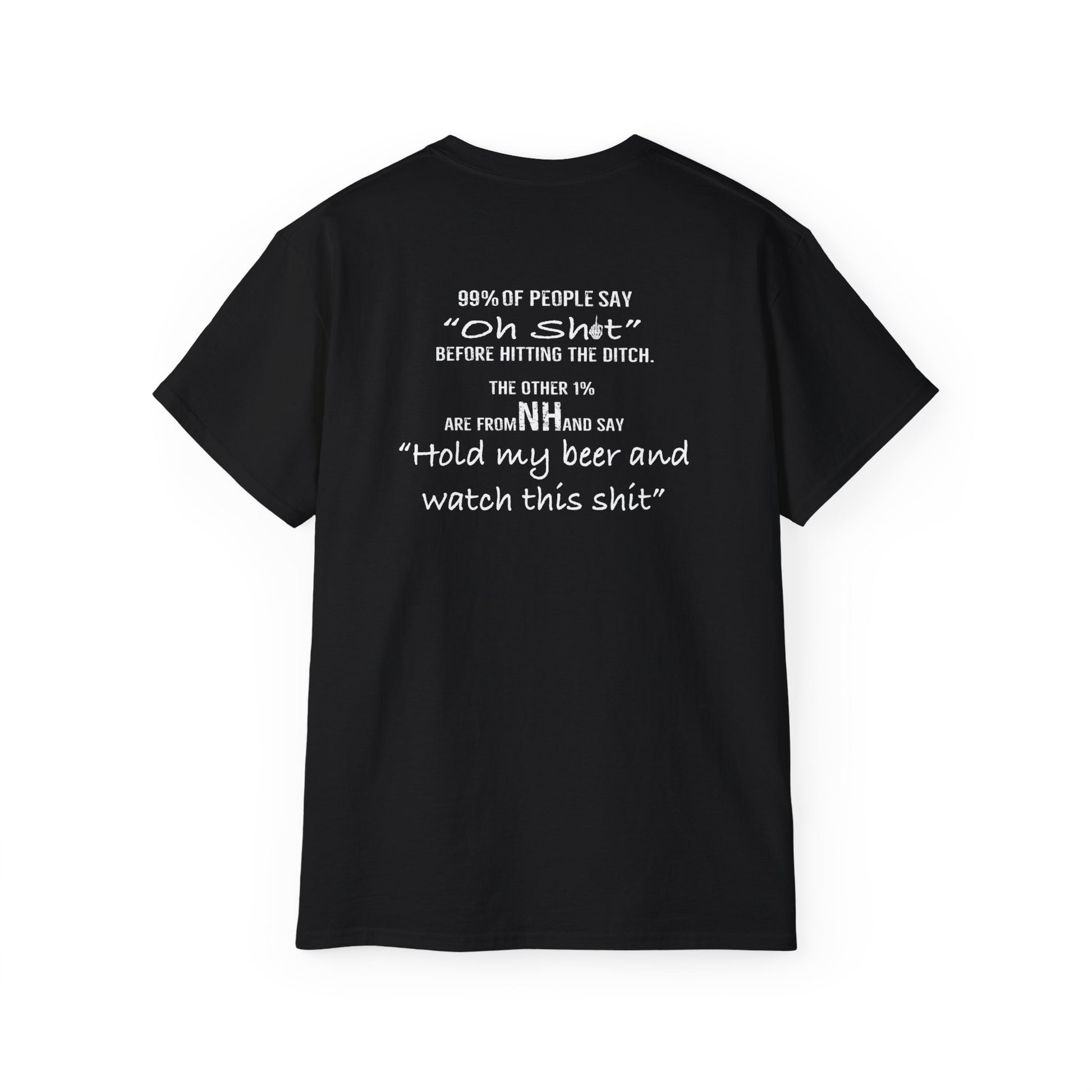 Black unisex cotton t-shirt featuring white text on the back that reads Hold my beer and watch this shit.