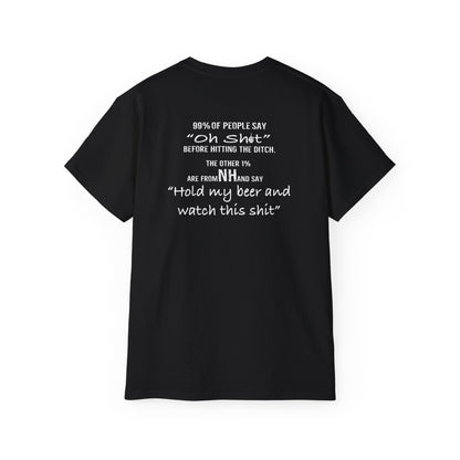 Black unisex cotton t-shirt featuring white text on the back that reads Hold my beer and watch this shit.