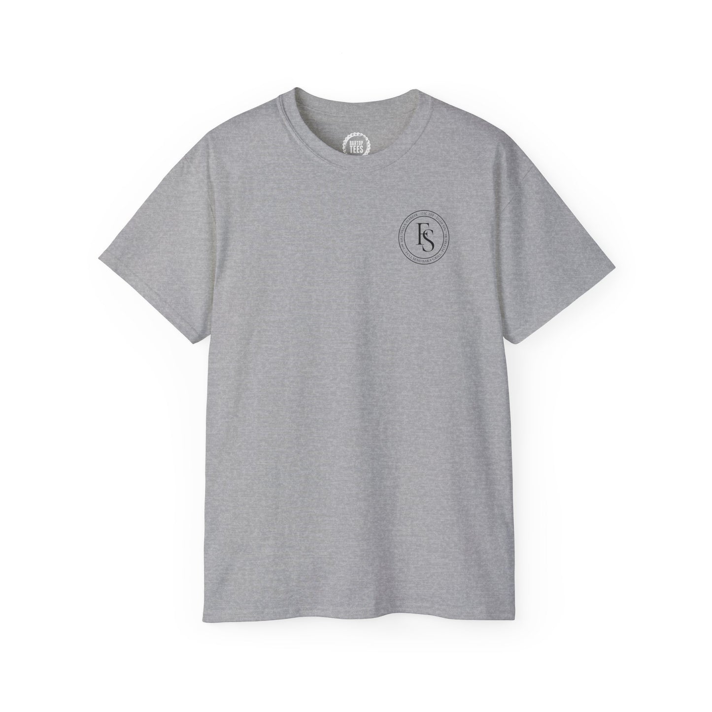 Heather gray cotton crewneck t-shirt featuring a small black Full Send circular logo on the left chest.