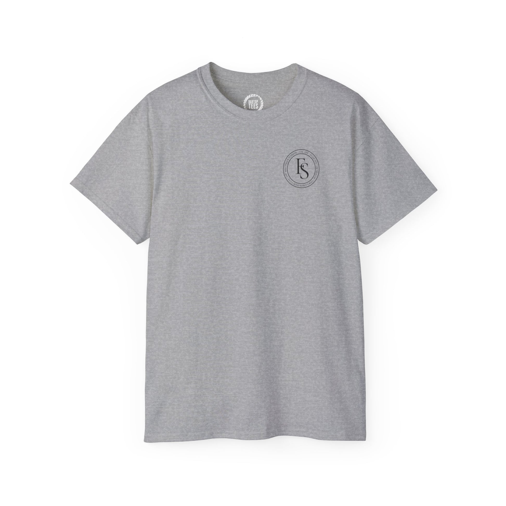Heather gray cotton crewneck t-shirt featuring a small black Full Send circular logo on the left chest.