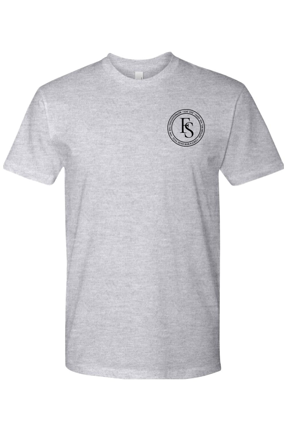 Grey soft cotton unisex t-shirt featuring a black circular Full Send logo on the left chest.