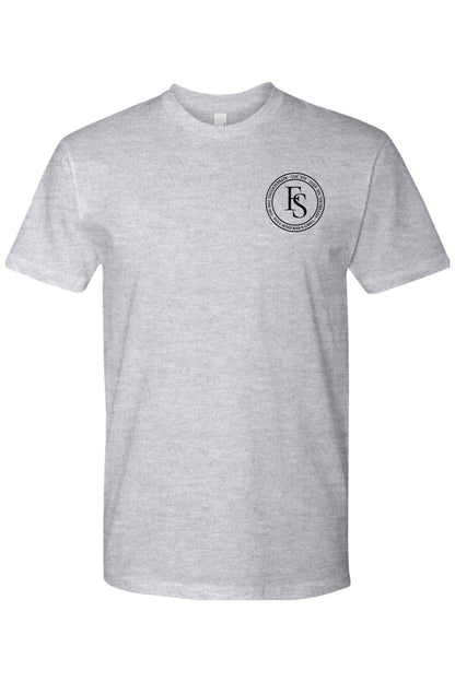 Grey soft cotton unisex t-shirt featuring a black circular Full Send logo on the left chest.