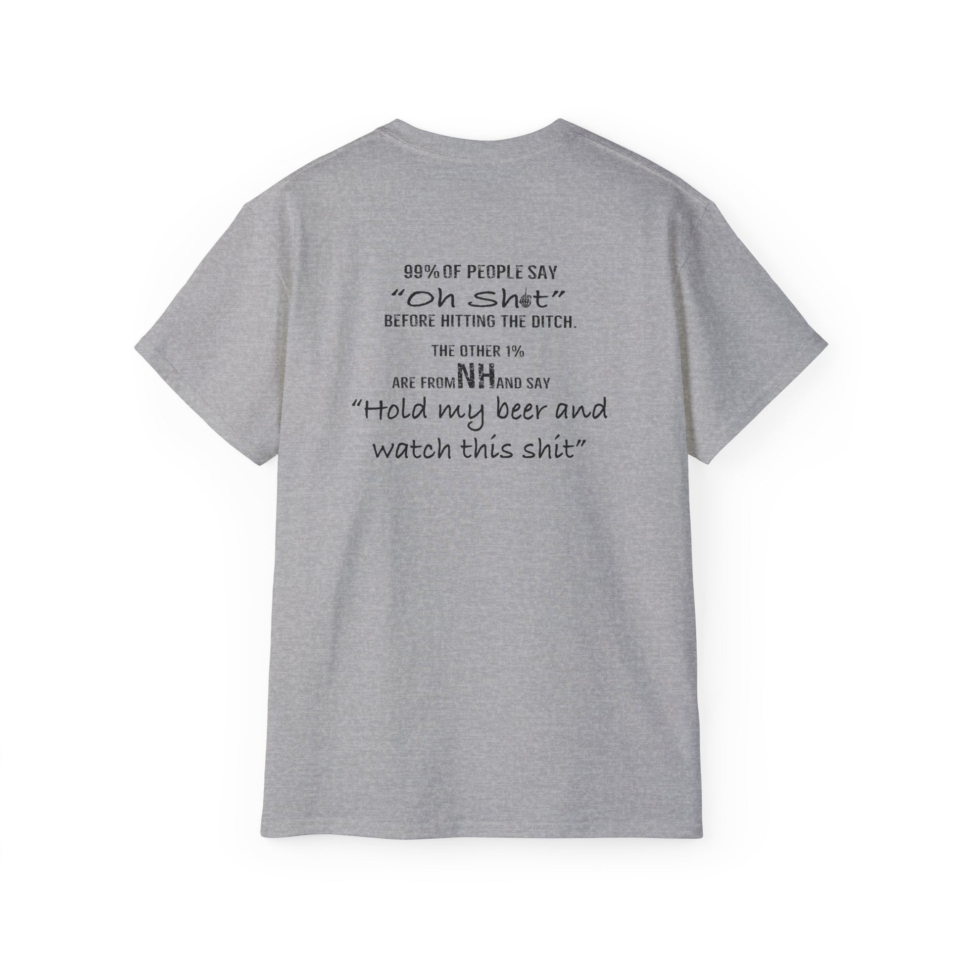 Grey cotton unisex t-shirt featuring a humorous graphic print on the back about holding a beer and full sending.