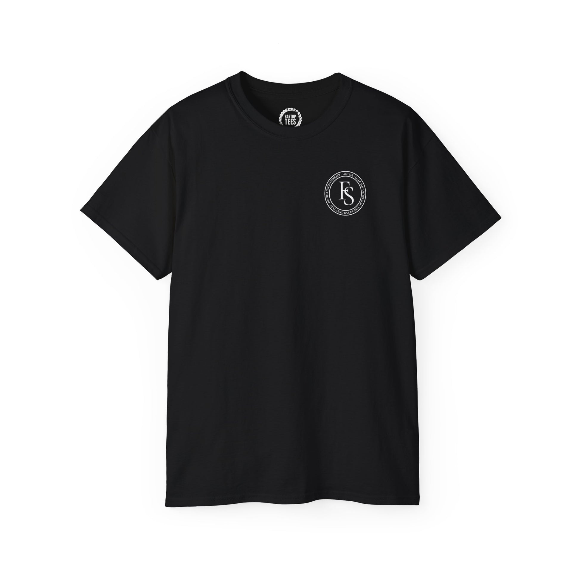 Black cotton crewneck t-shirt featuring a white circular Full Send logo on the left chest.