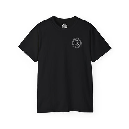 Black cotton crewneck t-shirt featuring a white circular Full Send logo on the left chest.