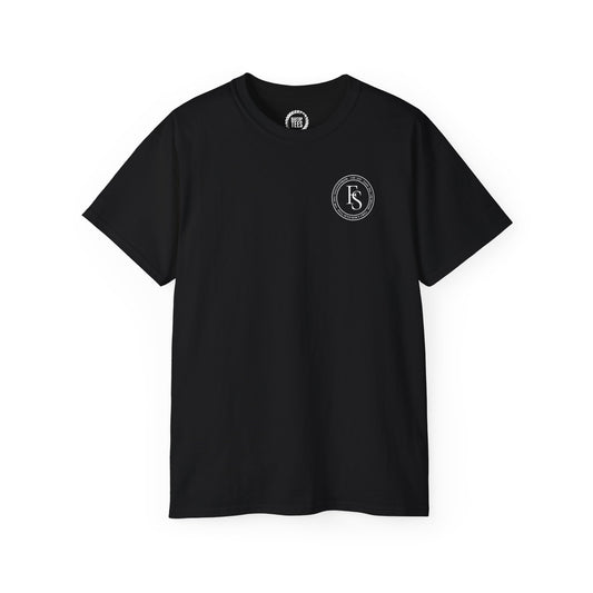 Black cotton crewneck t-shirt featuring a white circular Full Send logo on the left chest.