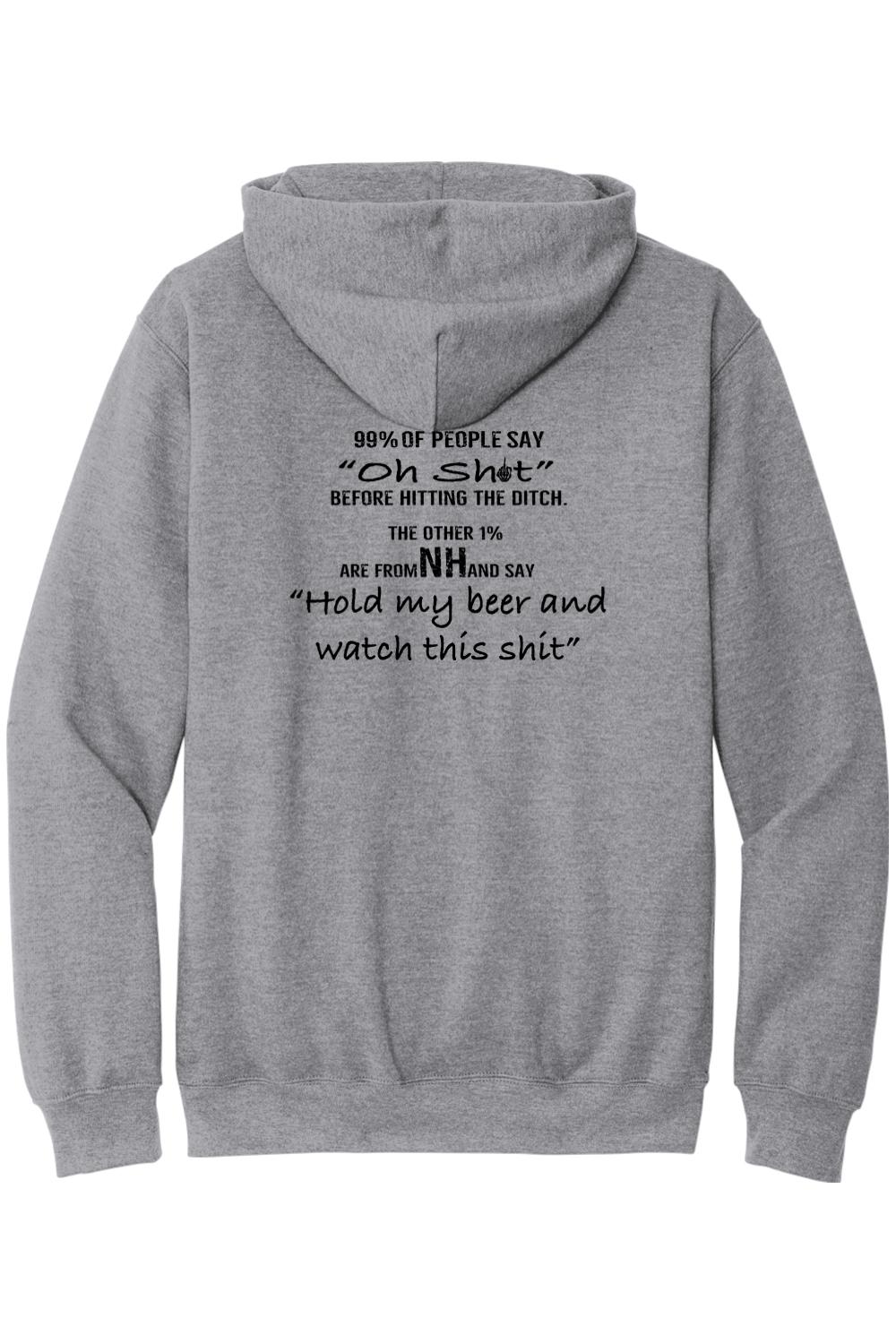 Grey midweight hoodie featuring a back print with humorous text about New Hampshire and holding a beer.