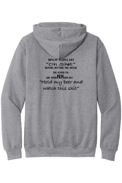 Grey midweight hoodie featuring a back print with humorous text about New Hampshire and holding a beer.