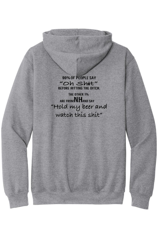 Grey midweight hoodie featuring a back print with humorous text about New Hampshire and holding a beer.