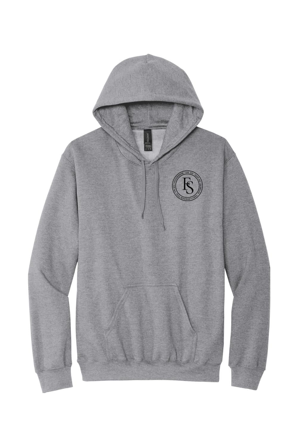 Sport grey midweight pullover hoodie with a black circular Full Send logo on the chest and a front kangaroo pocket.