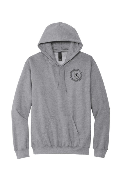 Sport grey midweight pullover hoodie with a black circular Full Send logo on the chest and a front kangaroo pocket.
