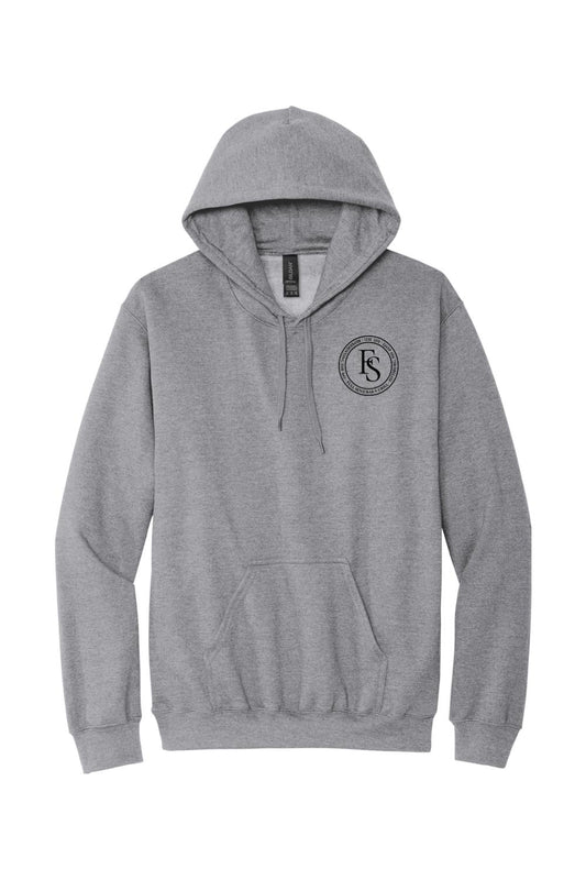 Sport grey midweight pullover hoodie with a black circular Full Send logo on the chest and a front kangaroo pocket.