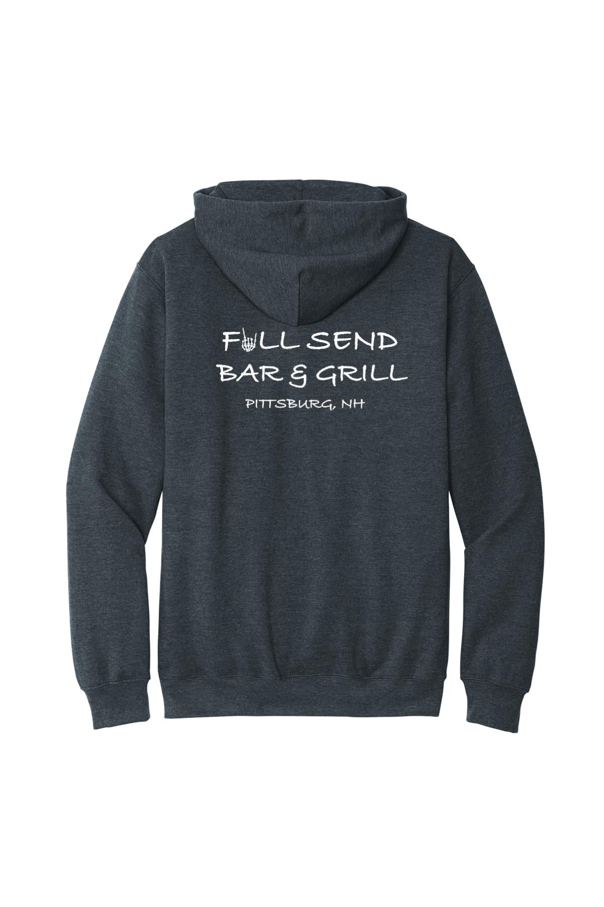 Dark charcoal heather zip-up hoodie featuring white Full Send Bar & Grill logo with skeleton hand graphic on back.