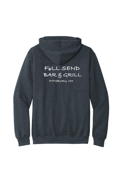 Dark charcoal heather zip-up hoodie featuring white Full Send Bar & Grill logo with skeleton hand graphic on back.