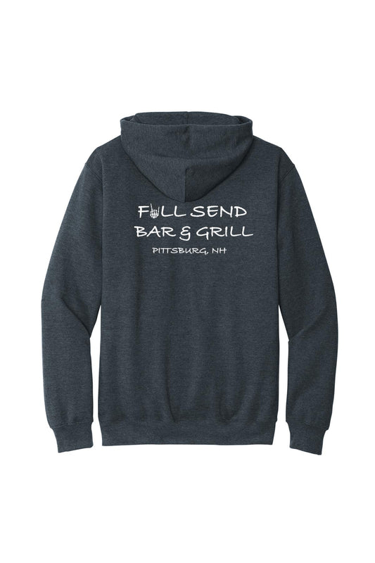 Dark charcoal heather zip-up hoodie featuring white Full Send Bar & Grill logo with skeleton hand graphic on back.
