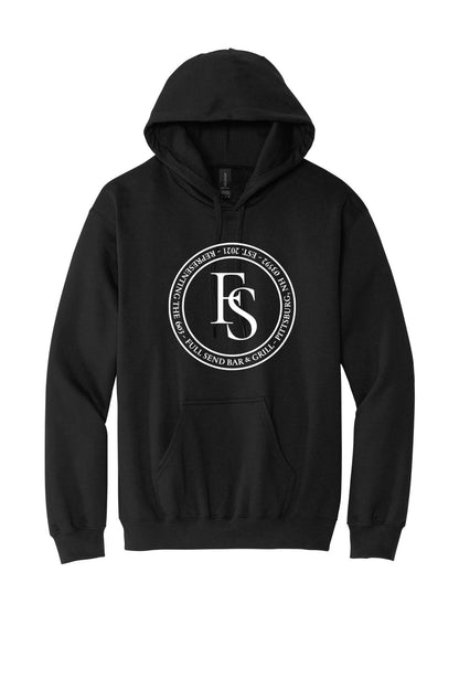Black cotton pullover hoodie featuring a white circular Full Send Bar & Grill logo on the chest.