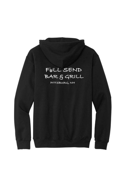 Black cotton hooded sweatshirt featuring a white Full Send Bar & Grill logo with a skeleton hand on the back.
