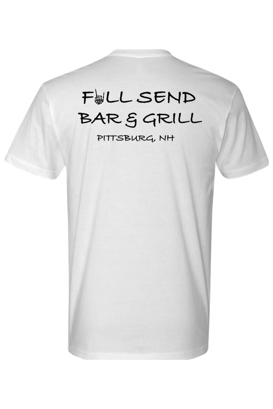 White 100% cotton unisex t-shirt featuring black Full Send Bar & Grill Pittsburg, NH text on the back.