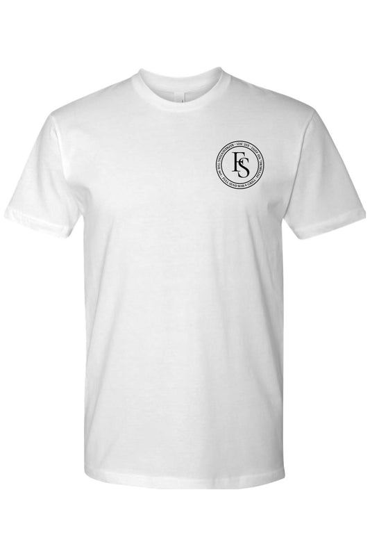 White cotton crew neck t-shirt featuring a circular black Full Send logo on the left chest.