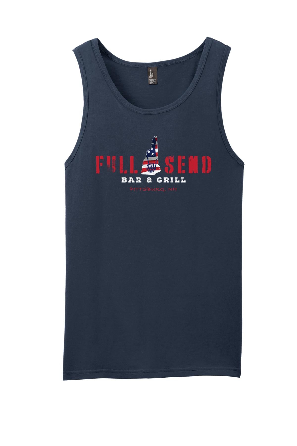Navy blue men's tank top featuring a red, white, and blue New Hampshire graphic with Full Send Bar & Grill branding.
