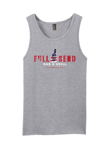Grey heather tank top featuring a red, white, and blue New Hampshire state graphic and Full Send branding.