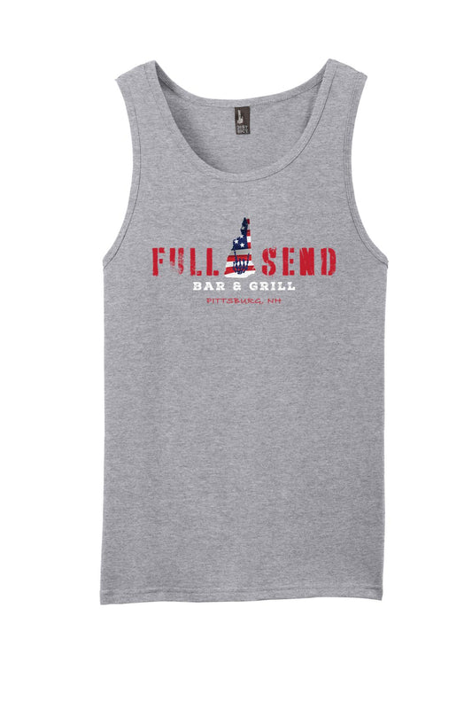 Grey heather tank top featuring a red, white, and blue New Hampshire state graphic and Full Send branding.
