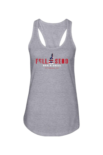 Grey cotton racerback tank top featuring a red, white, and blue Full Send Bar & Grill Pittsburg, NH graphic.