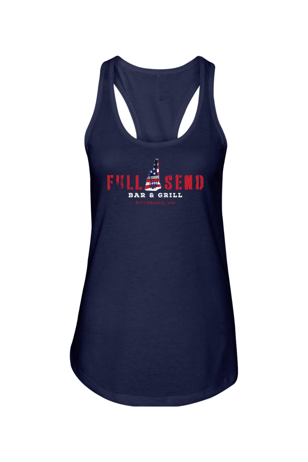 Navy blue racerback tank top with red and white Full Send Bar & Grill logo and patriotic New Hampshire graphic.
