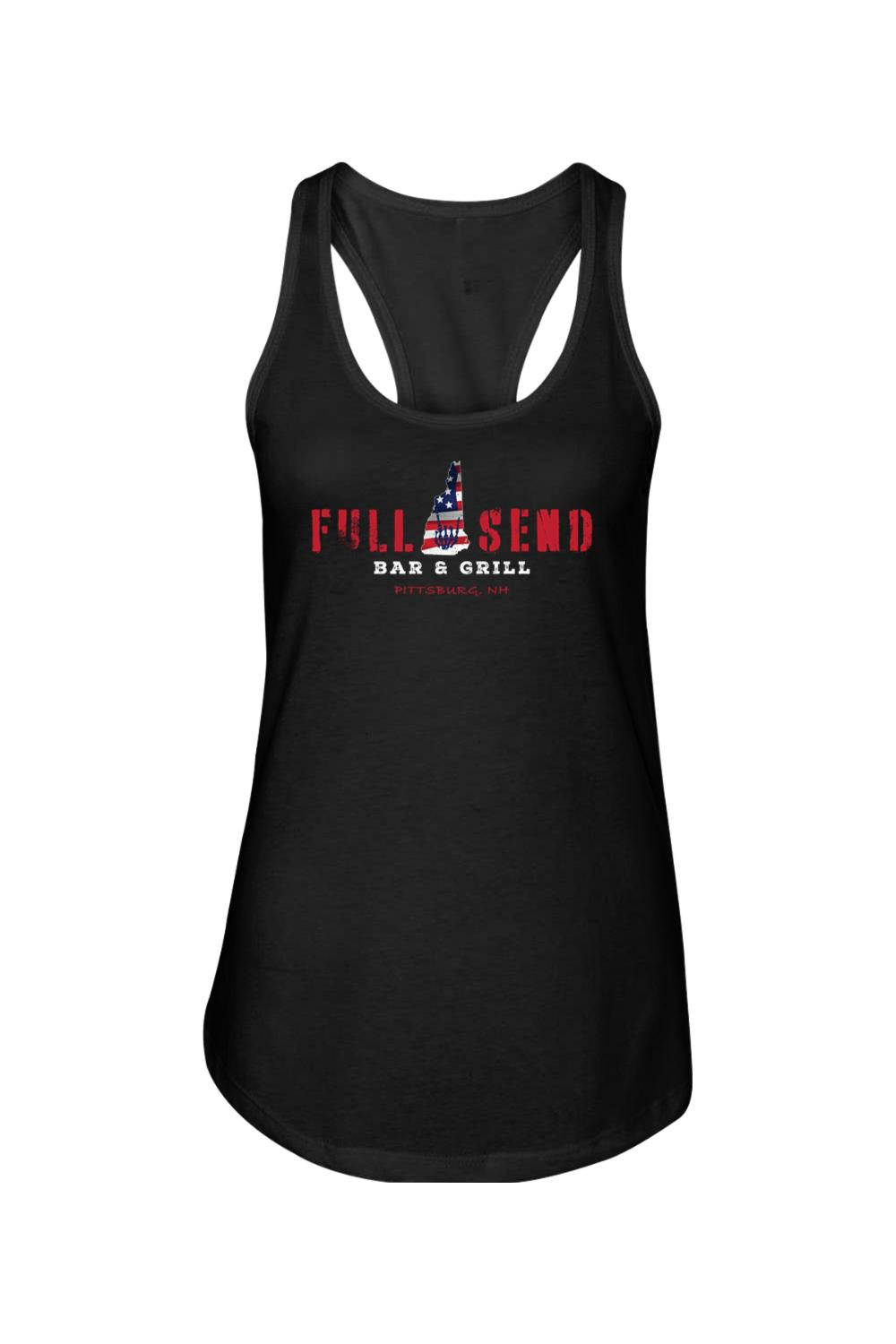 Black racerback tank top featuring a red, white, and blue New Hampshire graphic with Full Send Bar & Grill text.