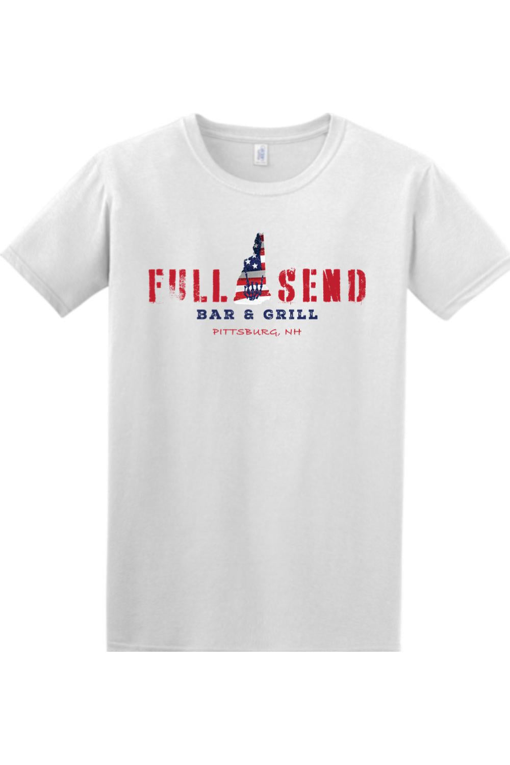 White cotton t-shirt featuring a red, white, and blue Full Send Bar & Grill Pittsburg, NH graphic design.