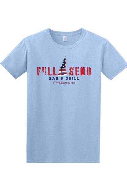 Light blue cotton t-shirt featuring a red, white, and blue Full Send Bar & Grill Pittsburg, NH graphic design.