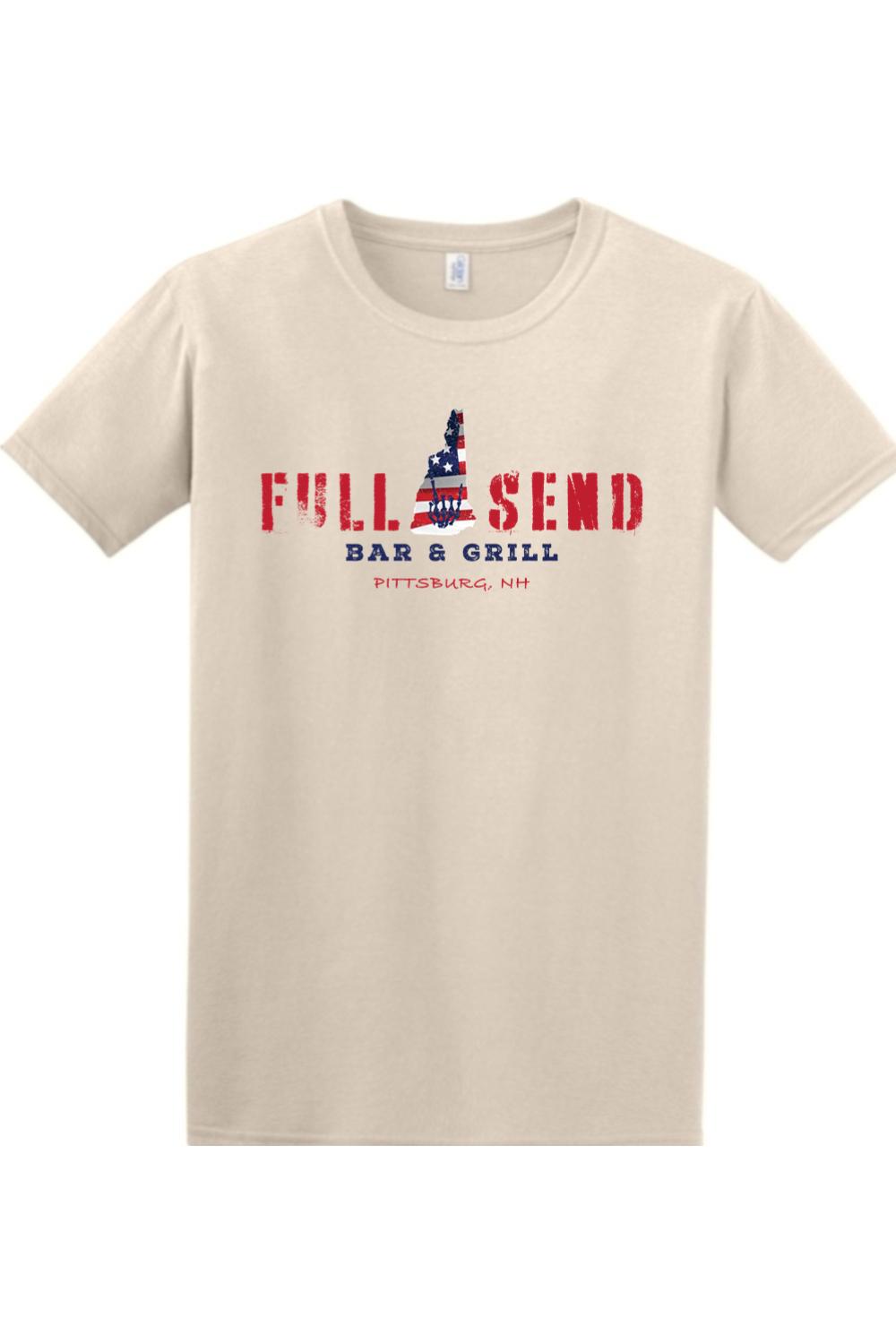 Beige cotton t-shirt featuring a red, white, and blue Full Send Bar & Grill Pittsburg, NH graphic design.