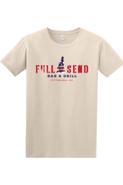 Beige cotton t-shirt featuring a red, white, and blue Full Send Bar & Grill Pittsburg, NH graphic design.