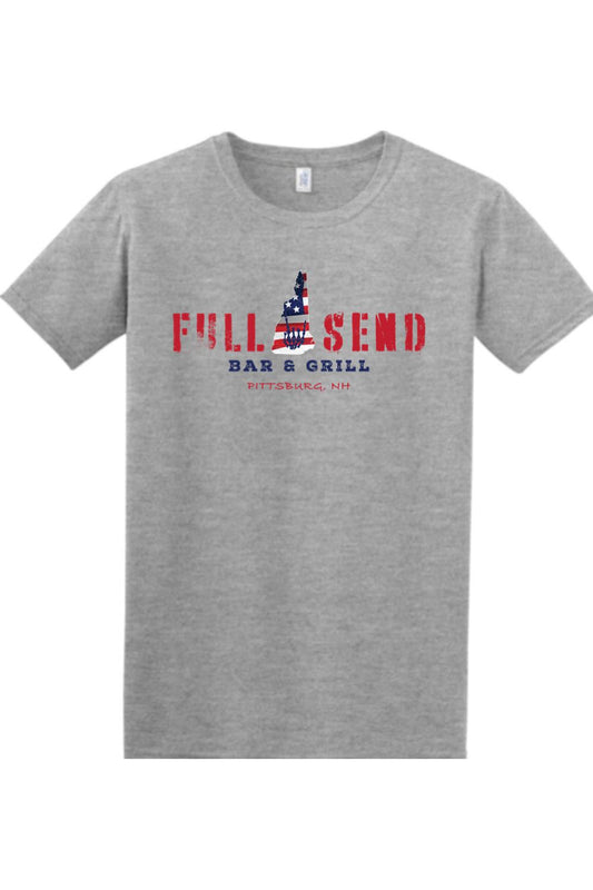 Sport grey cotton t-shirt featuring a red, white, and blue Full Send Bar & Grill Pittsburg, NH graphic design.