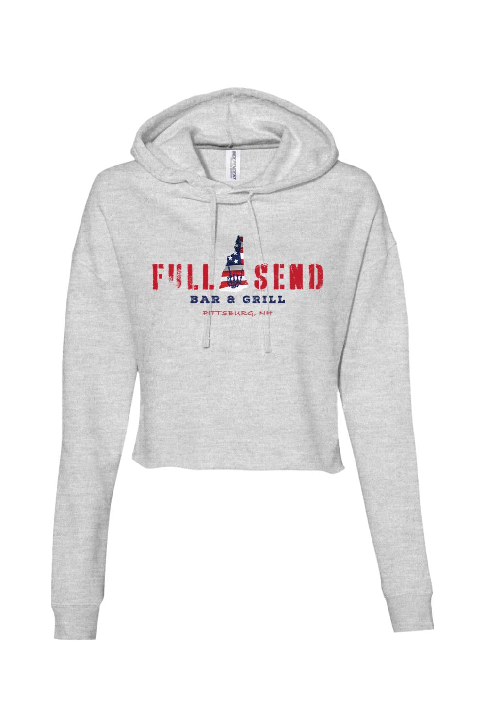 Light grey cropped hoodie featuring a red, white, and blue Full Send Bar & Grill Pittsburg, NH graphic.