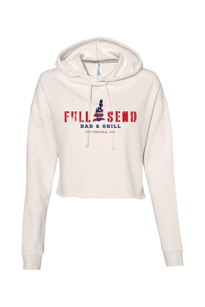 Off-white cropped hoodie featuring a red, white, and blue Full Send Bar & Grill Pittsburg, NH graphic print.