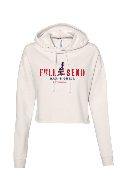Off-white cropped hoodie featuring a red, white, and blue Full Send Bar & Grill Pittsburg, NH graphic print.