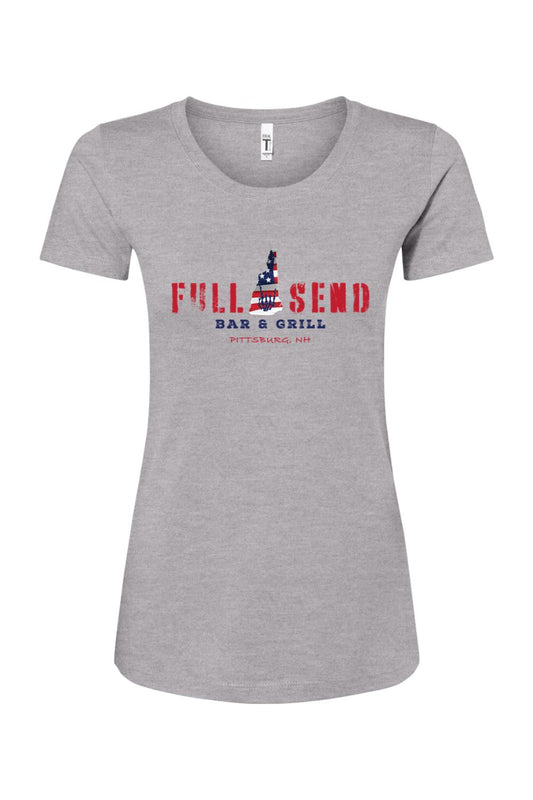 Grey women's cotton-blend t-shirt featuring a red, white, and blue Full Send Pittsburg, NH graphic.