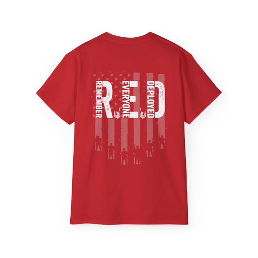 Red cotton t-shirt featuring a white distressed American flag graphic with the text Remember Everyone Deployed.