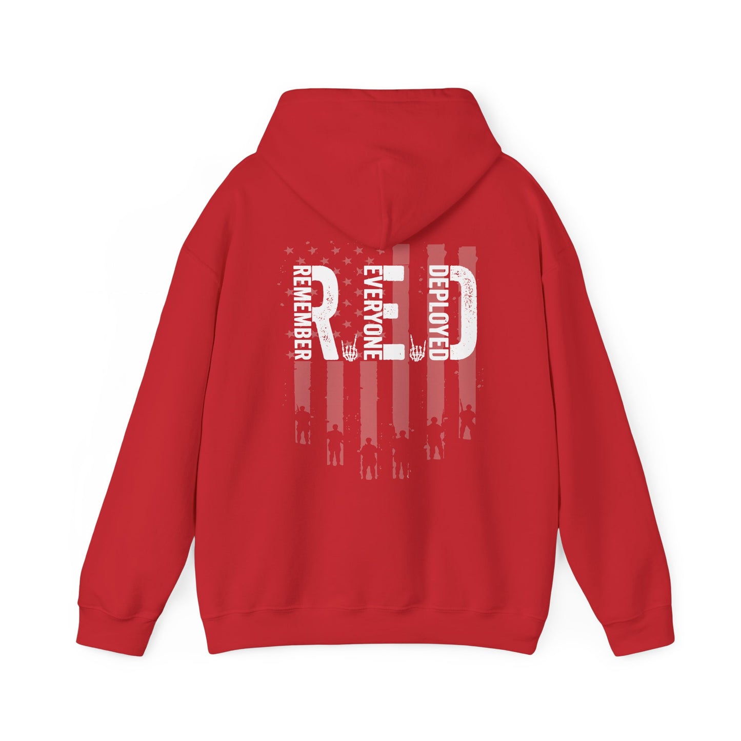 Red midweight hoodie featuring a white graphic of the American flag and the text R.E.D. Remember Everyone Deployed.