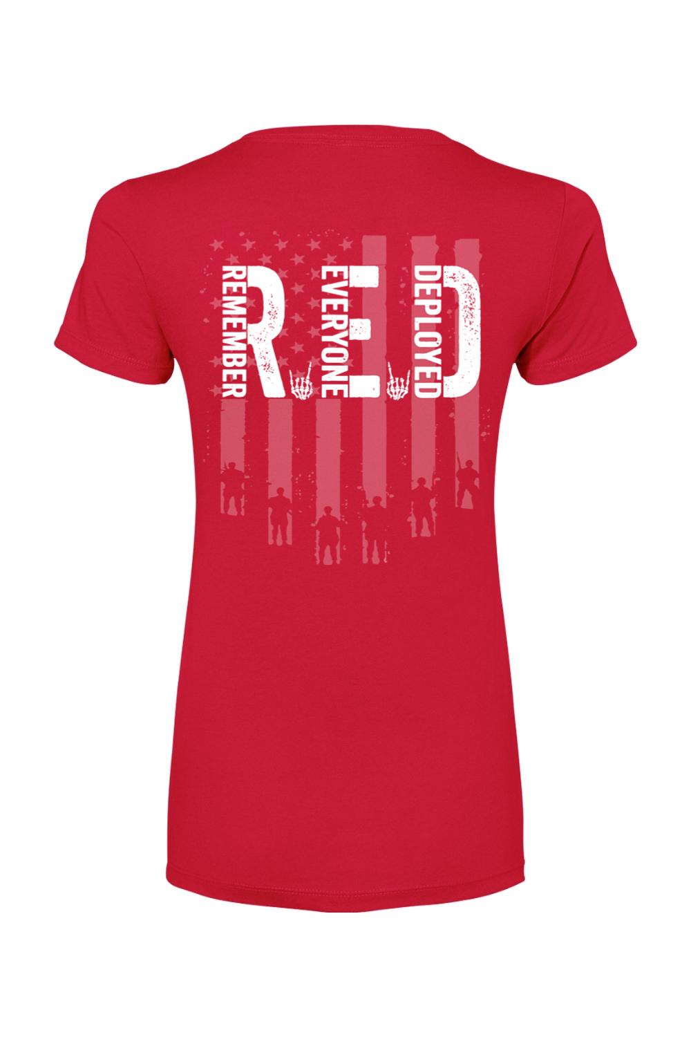 Red women's cotton-blend t-shirt featuring a white American flag graphic with Remember Everyone Deployed text.