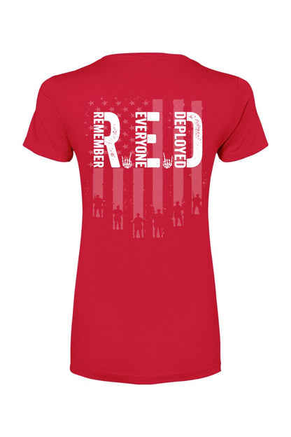 Red women's cotton-blend t-shirt featuring a white American flag graphic with Remember Everyone Deployed text.