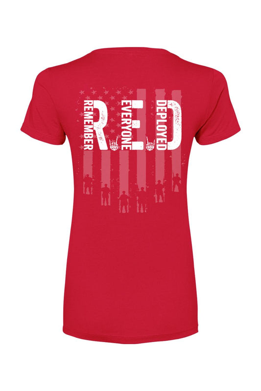 Red women's cotton-blend t-shirt featuring a white American flag graphic with Remember Everyone Deployed text.