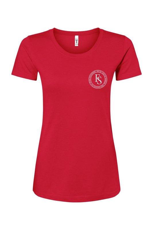 Red women's crewneck t-shirt in soft cotton-poly blend featuring a white Full Send circular logo on the chest.