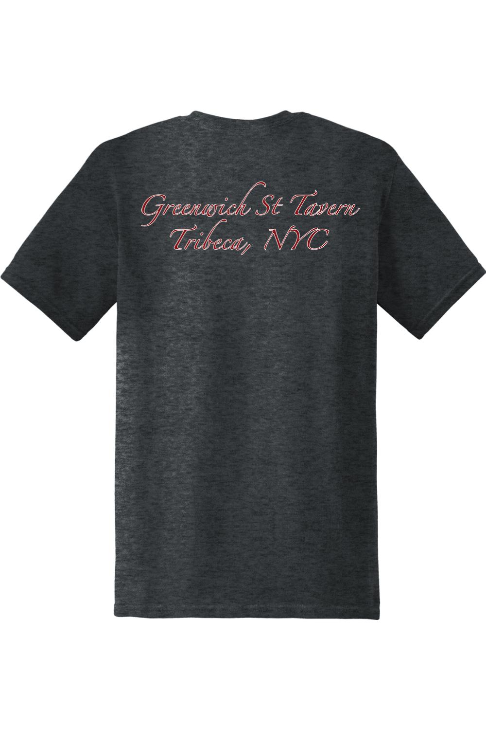 Charcoal grey cotton t-shirt featuring red and white Greenwich St Tavern Tribeca, NYC text on the back.