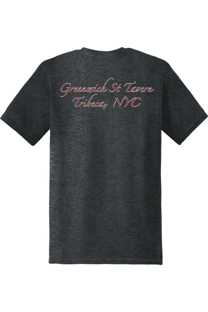 Charcoal grey cotton t-shirt featuring red and white Greenwich St Tavern Tribeca, NYC text on the back.